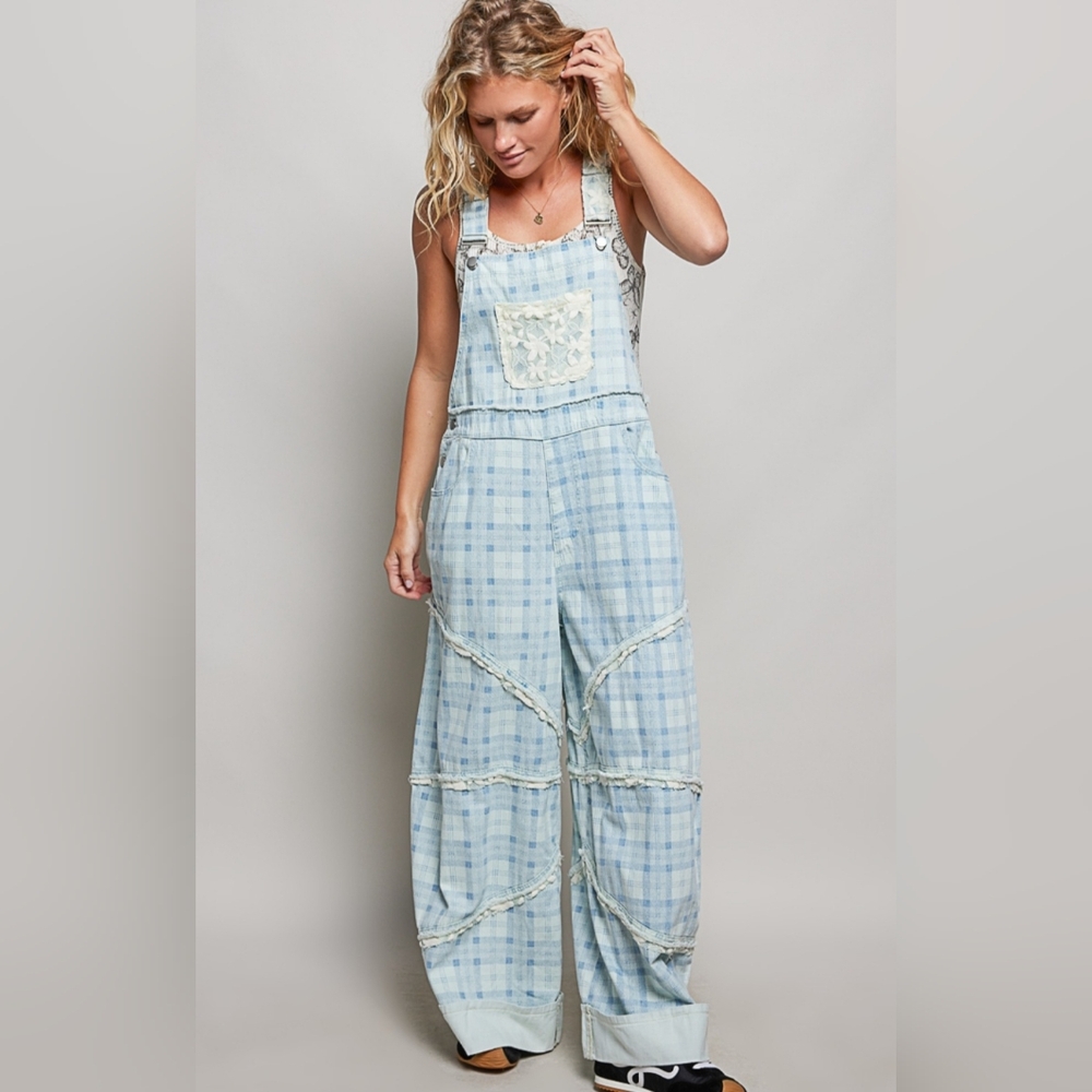 POL Light Blue Plaid Women Jeans Overalls - Picture 2 of 6